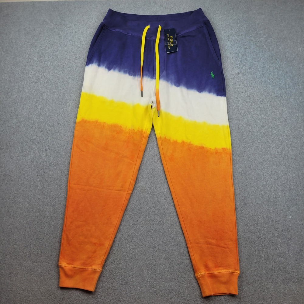 Polo Ralph Lauren Joggers Mens Medium Orange Multi Tie Dye Fleece Pony Logo